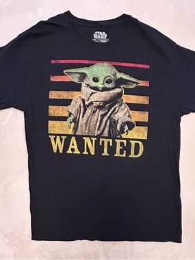 Star Wars Black Tee with Green Grogu and Yellow "WANTED" Graphic